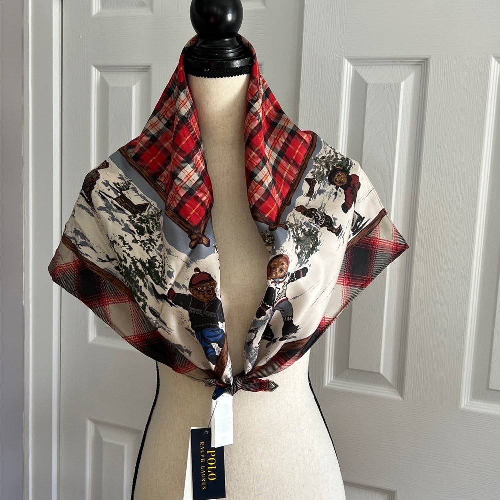 Polo Ralph Lauren Bear Winter Scarf Red Plaid Holiday Ski Skating Rare - Picture 4 of 17